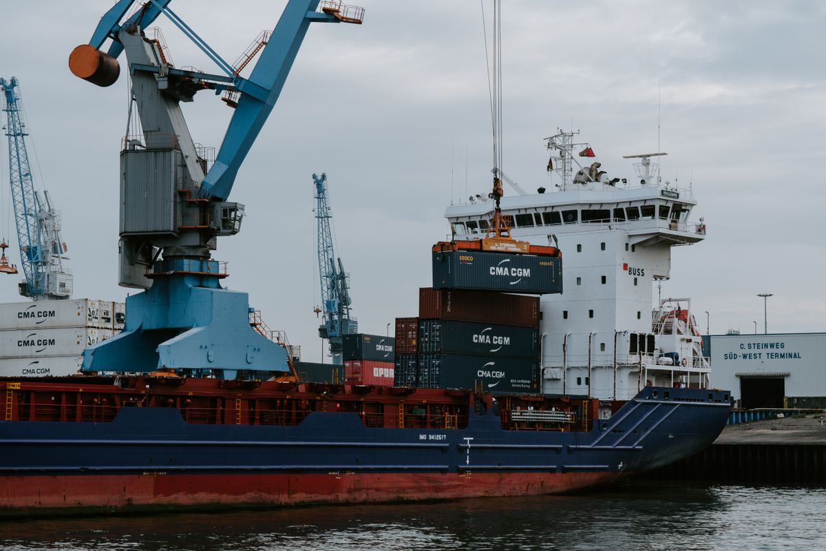 Container vessel at an international shipping terminal